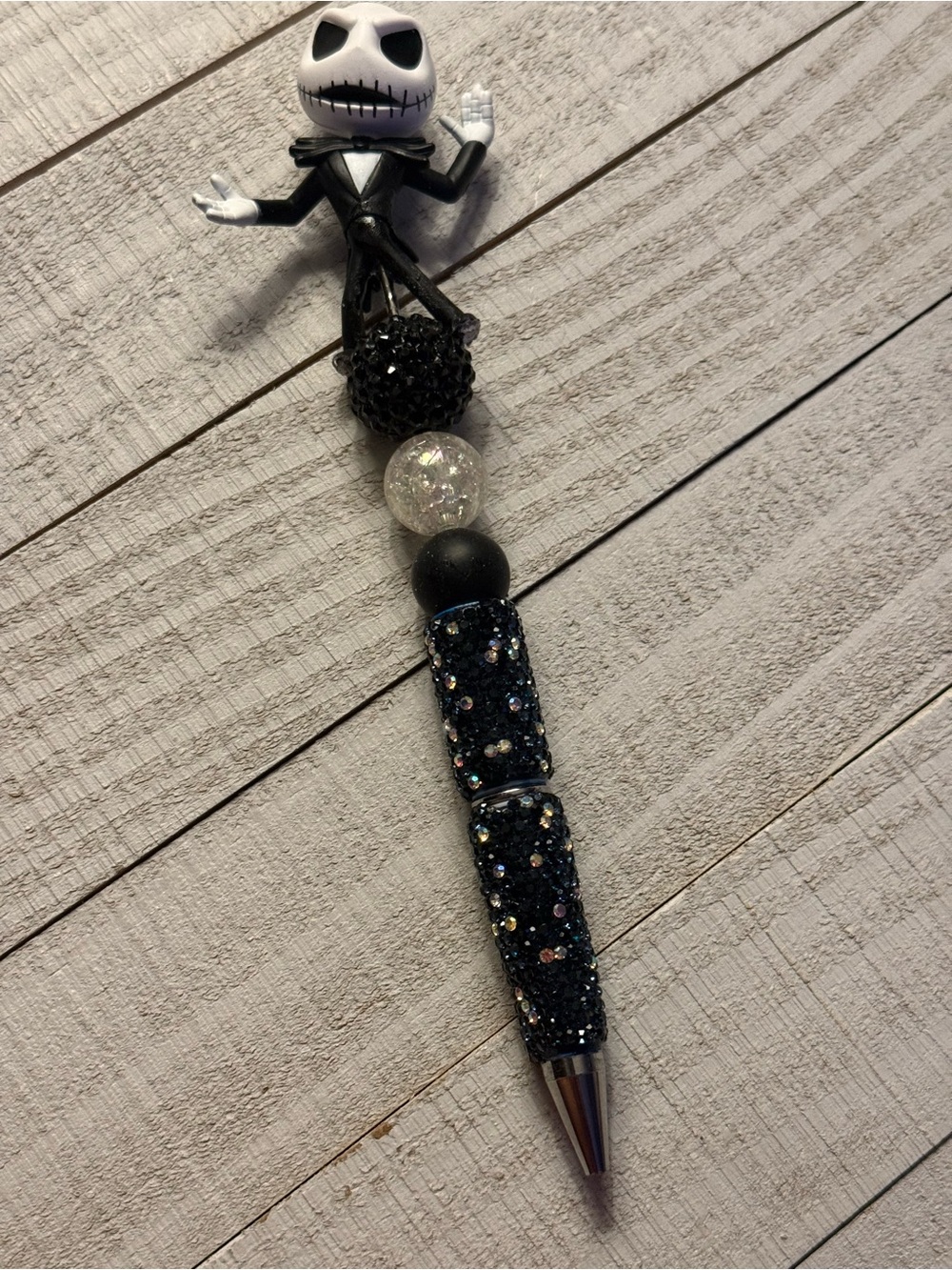 Black Glitter Jack Skellington Beaded Pen - Decorative Writing Accessory